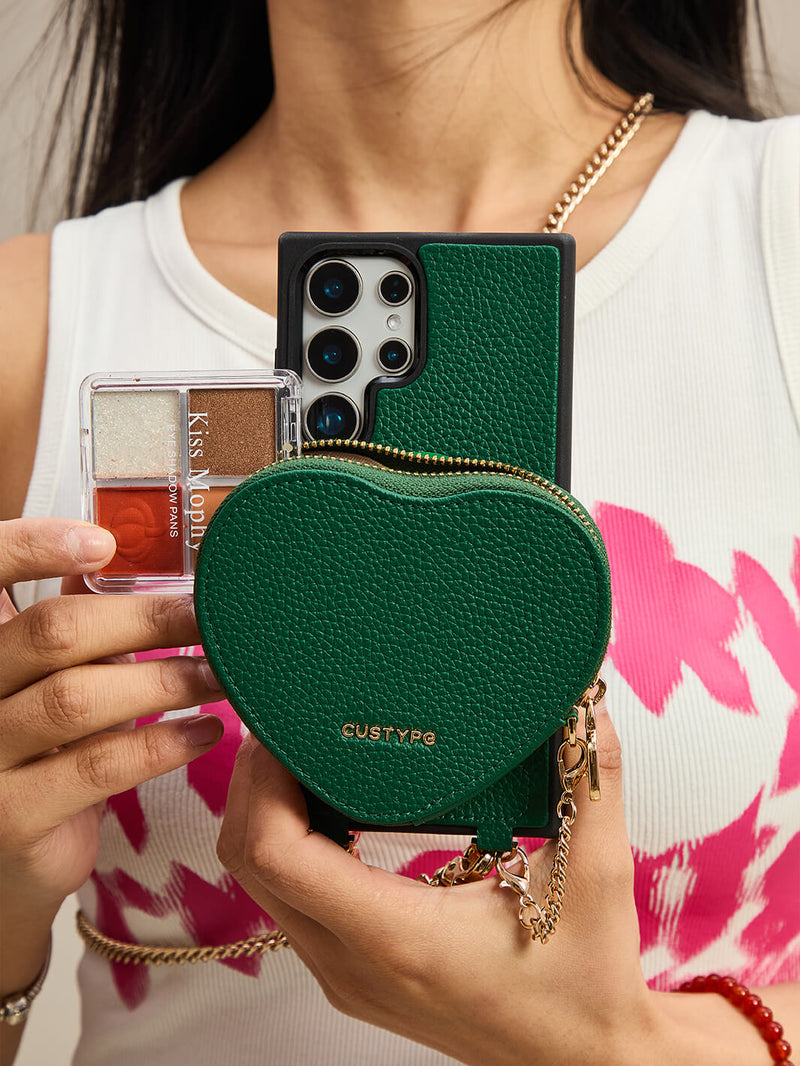 Heart Chain Kit- Samsung Galaxy Crossbody Case with removable Card Organizer-Mobile Phone Cases-DETACHABLE WALLET & WIRELESS CHARGING-Black-Samsung S25 Ultra-Custype