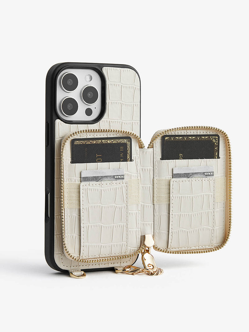 Crocodile Design Set- Detachable Wireless Charging Crossbody E-stand Wallet Phone Case Set-Mobile Phone Cases-DETACHABLE WALLET & WIRELESS CHARGING-White-iPhone 16 Pro Max-Custype