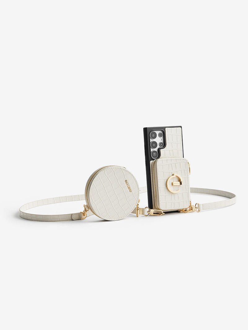 Crocodile Design Set- Samsung Galaxy Sling Grip Wallet Phone Case with Round Purse-Mobile Phone Cases-DETACHABLE WALLET & ROUND POUCH-Brown-Samsung S25 Ultra-Custype