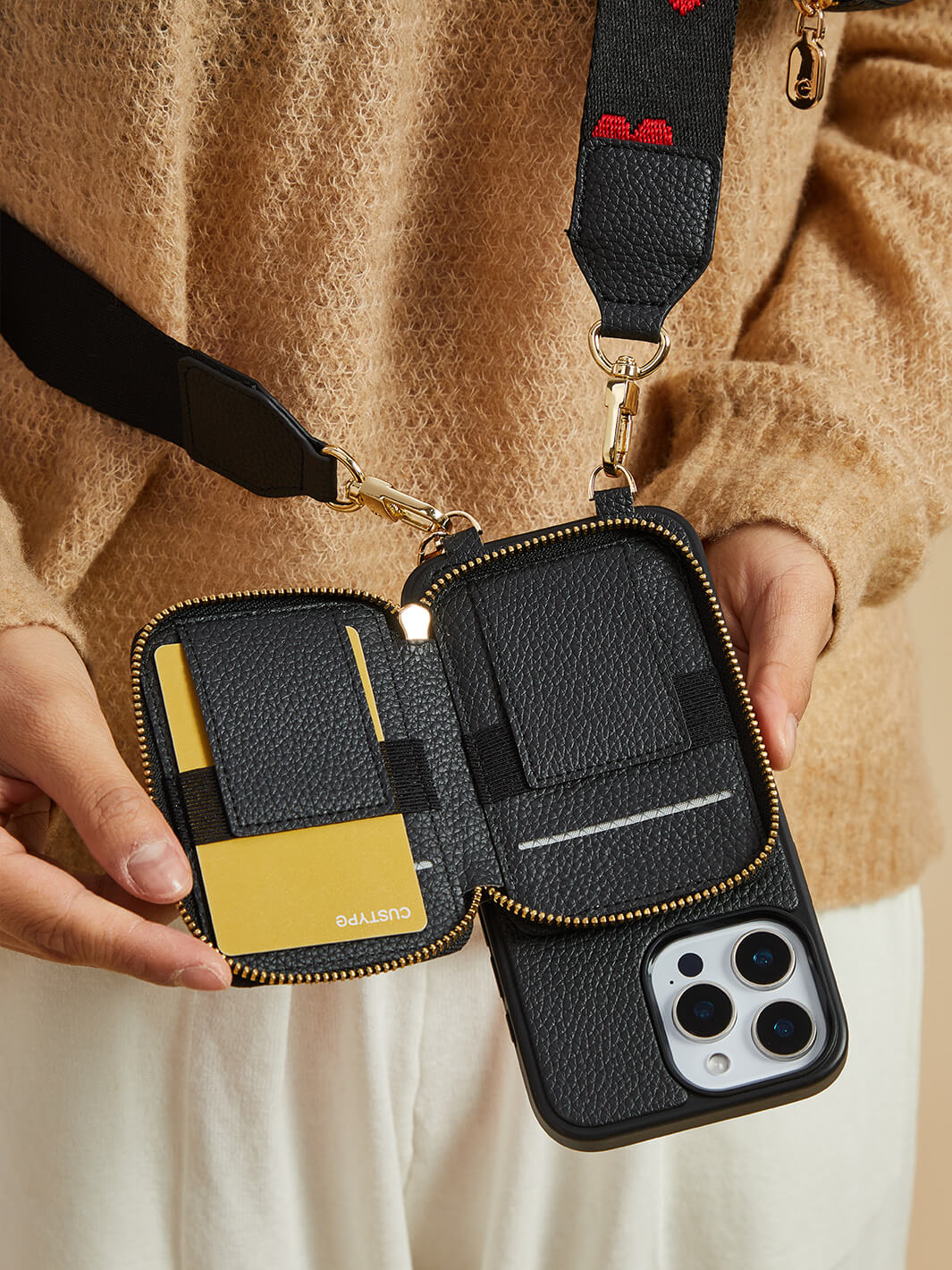 Unique Design Set- Wireless Charging Webbing Crossbody Phone Case Round Pouch Set