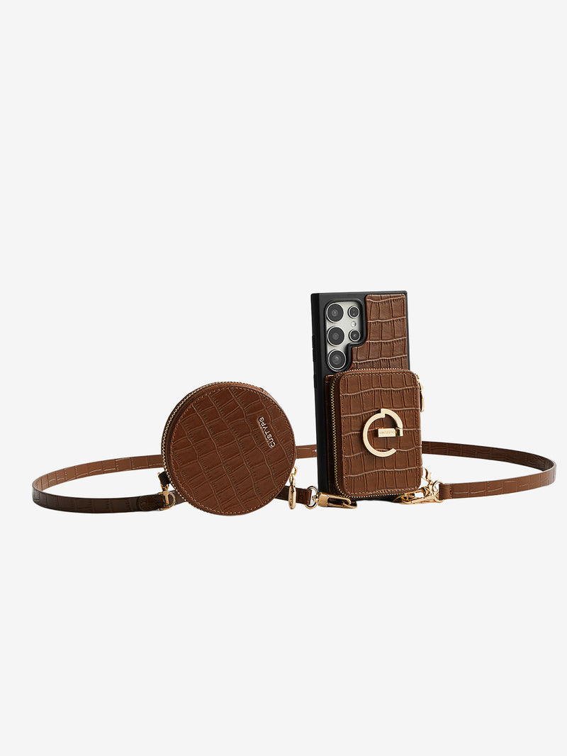 Crocodile Design Set- Samsung Galaxy Sling Grip Wallet Phone Case with Round Purse-Mobile Phone Cases-DETACHABLE WALLET & ROUND POUCH-Brown-Samsung S25 Ultra-Custype