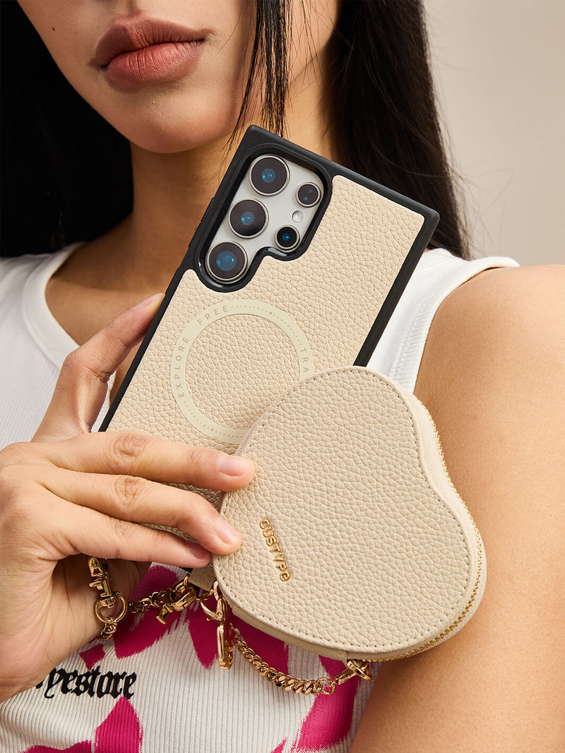 Heart Twist Chain- Samsung Galaxy Magnetic Phone Case with Card Slots & Shoulder Strap-Mobile Phone Cases-DETACHABLE WALLET & WIRELESS CHARGING-Peach Pink-Samsung S25 Ultra-Custype