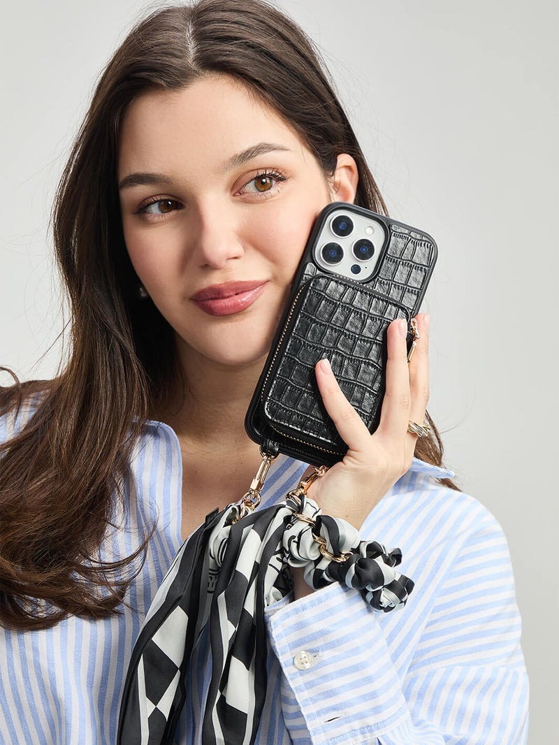 Silk Flair Set- Crocodile Wrist Lanyard Wallet Phone Case Compatible MagSafe-Mobile Phone Cases-WRISTBAND & PHONE POUCH-White-iPhone 16 Pro Max-Custype