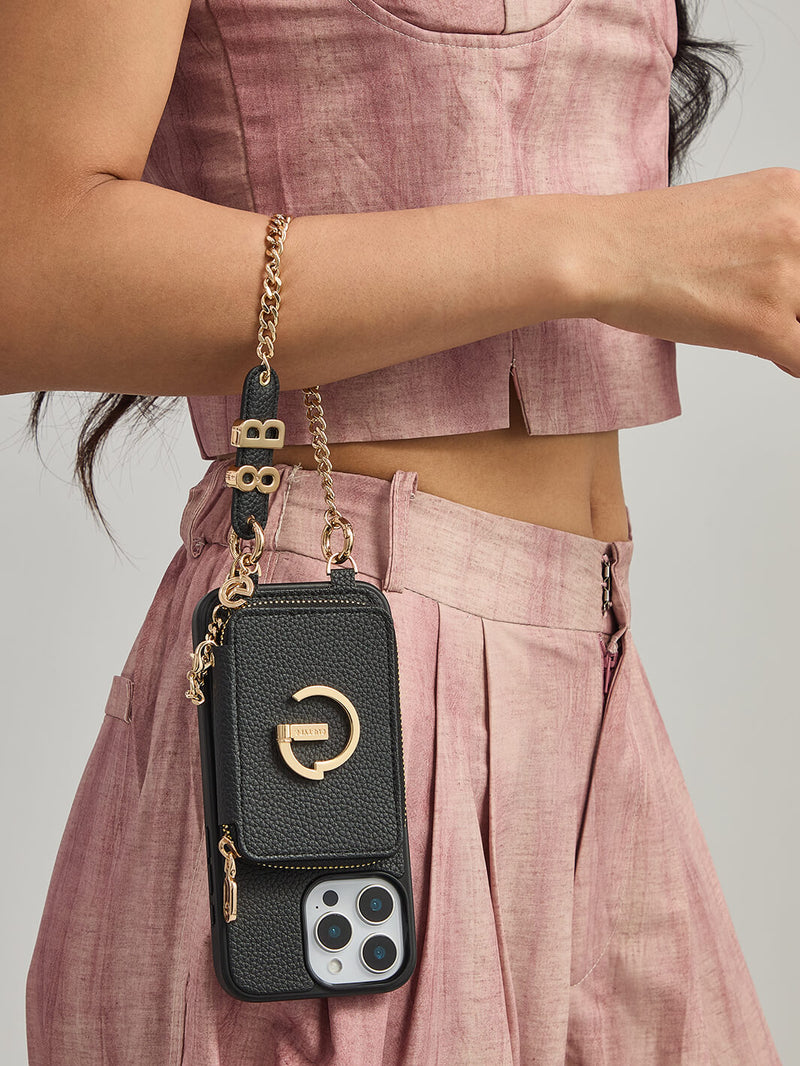 Black iPhone 15 Pro Max phone case with wristlet
