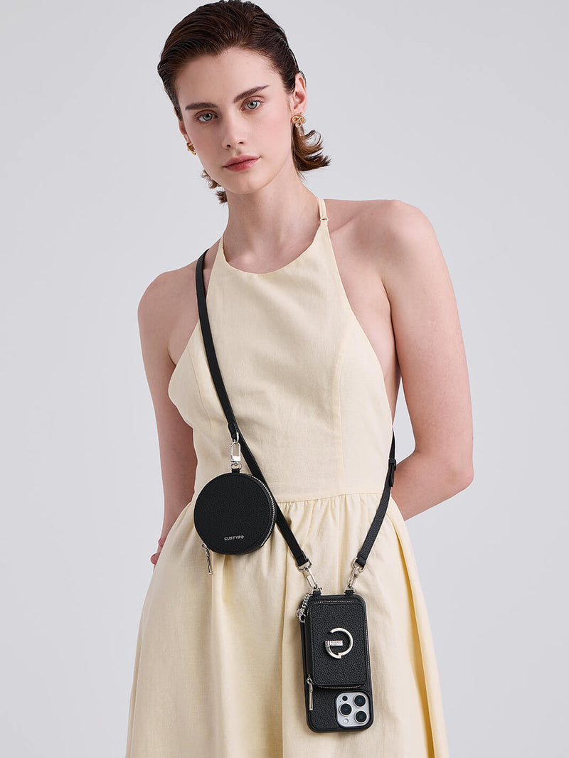 Silver Edge Kit- Versatile Magnetic E-stand Card Holder Case for iPhone with Round Pouch & Shoulder Strap-Mobile Phone Cases-DETACHABLE WALLET & ROUND POUCH-Green-iPhone 16 Pro Max-Custype