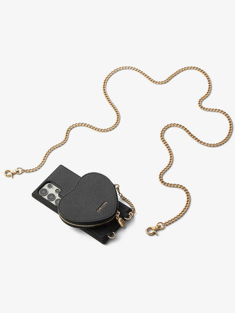 Heart Chain Kit- Samsung Galaxy Crossbody Case with removable Card Organizer-Mobile Phone Cases-DETACHABLE WALLET & WIRELESS CHARGING-Black-Samsung S25 Ultra-Custype