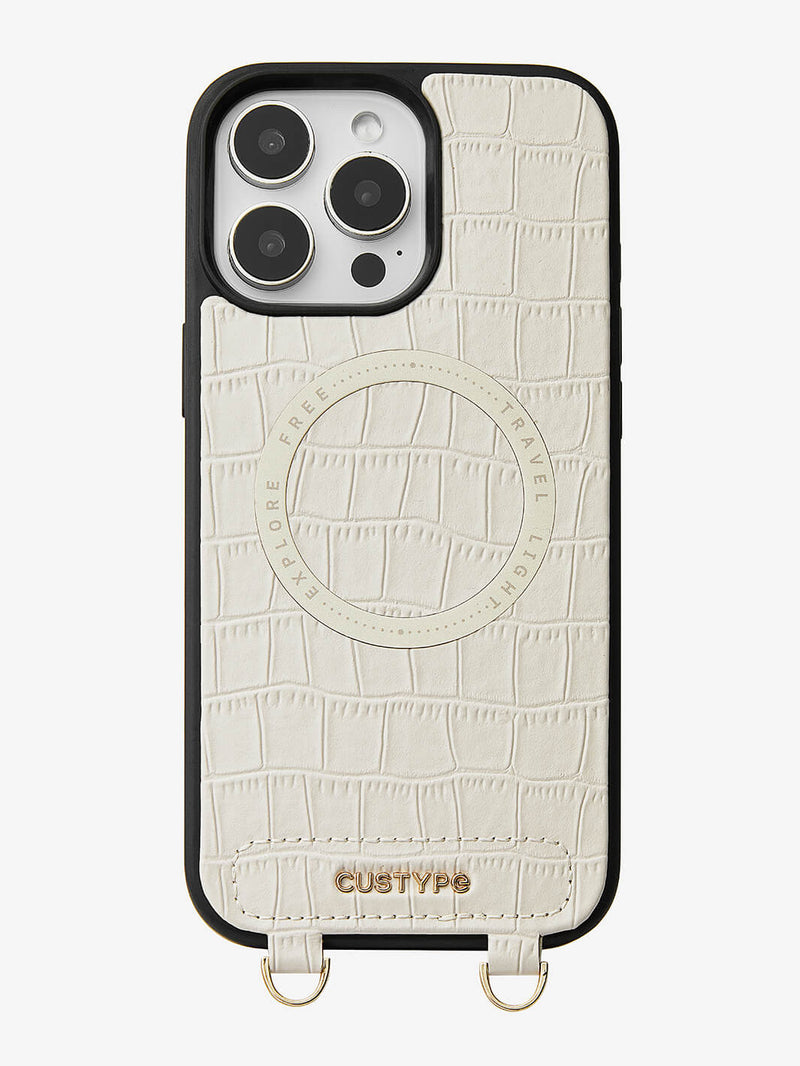 Crocodile Design Set- Detachable Wireless Charging Crossbody E-stand Wallet Phone Case Set-Mobile Phone Cases-DETACHABLE WALLET & WIRELESS CHARGING-White-iPhone 16 Pro Max-Custype