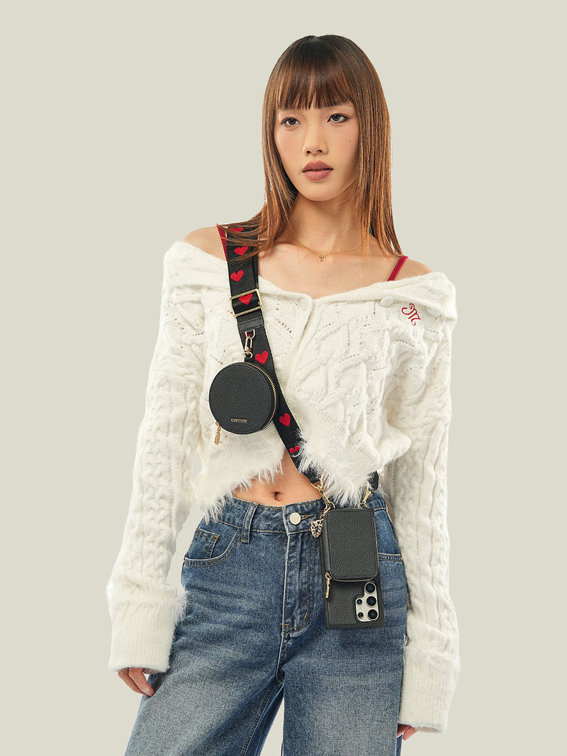 Unique Design Set- Samsung Galaxy Wireless Charging Webbing Crossbody Phone Case Round Pouch Set-Mobile Phone Cases-DETACHABLE WALLET & ROUND POUCH-Beige-Samsung S24 Ultra-Custype