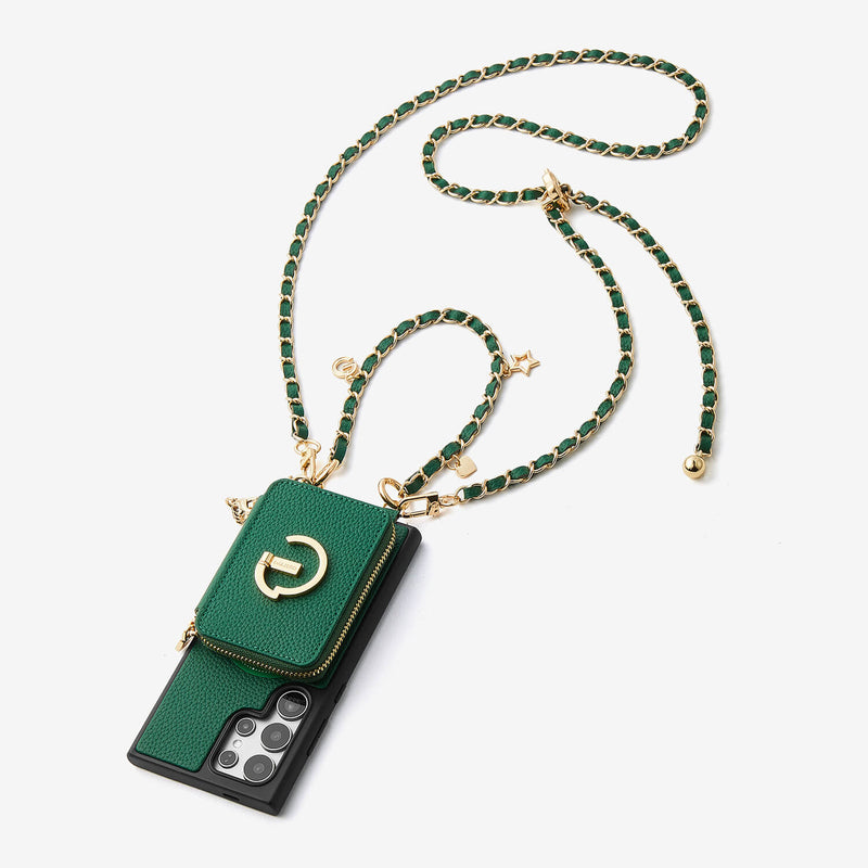 Allure Chain Series- Samsung Strap Wireless Charging Phone Case with Detachable Purse & Grip-Mobile Phone Cases-DETACHABLE WALLET & WIRELESS CHARGING-Green-Samsung S25 Ultra-Custype