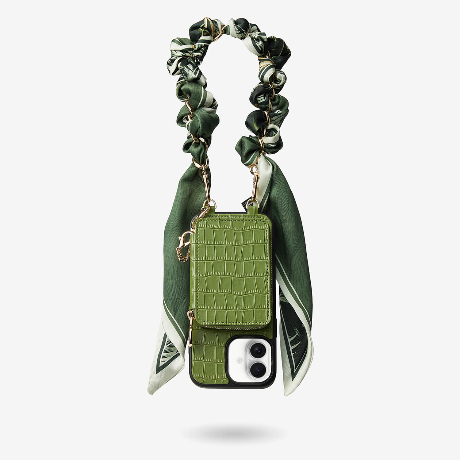 Silk Flair Set- Crocodile Wrist Lanyard Wallet Phone Case Compatible MagSafe-Mobile Phone Cases-WRISTBAND & PHONE POUCH-Green-iPhone 16 Plus-Custype