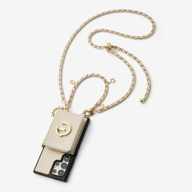 Allure Chain Series- Samsung Strap Wireless Charging Phone Case with Detachable Purse & Grip-Mobile Phone Cases-DETACHABLE WALLET & WIRELESS CHARGING-Beige-Samsung S25 Ultra-Custype