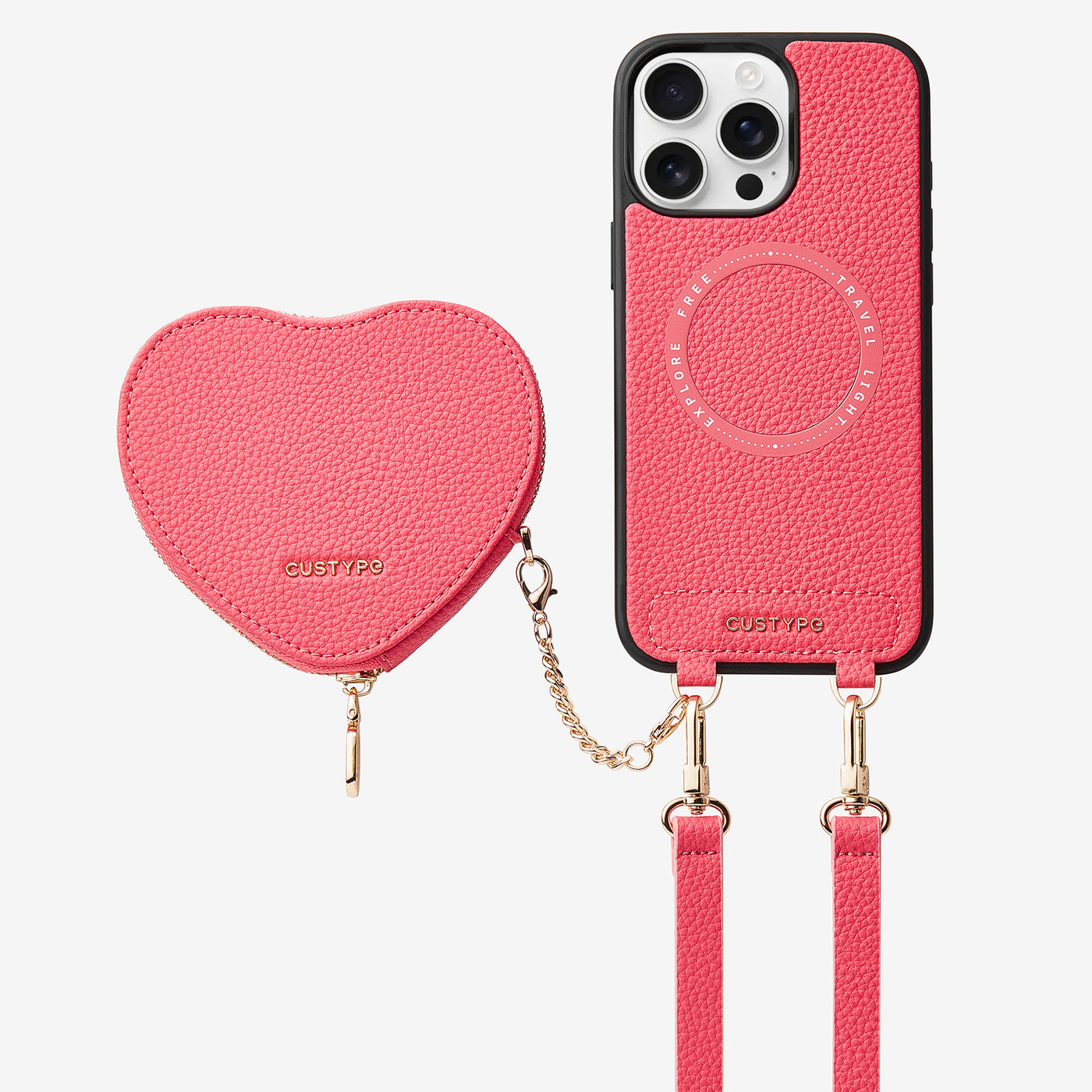 Heart Design Kit- Detachable Wireless Charging Crossbody Wallet Phone Case Pouch Set-Mobile Phone Cases-DETACHABLE WALLET & WIRELESS CHARGING-Peach Pink-iPhone 16 Pro Max-Custype