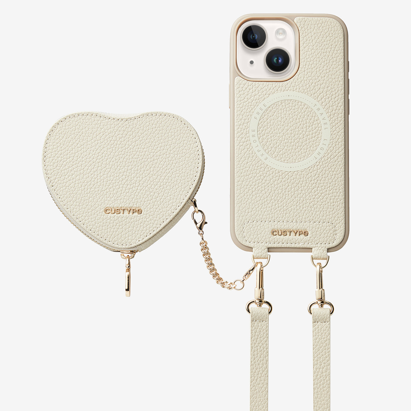 Heart Design Kit- Detachable Wireless Charging Crossbody Wallet Phone Case Pouch Set-Mobile Phone Cases-DETACHABLE WALLET & WIRELESS CHARGING-Beige-iPhone 15-Custype