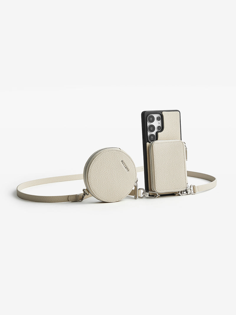 Lunar Silver Series- Samsung Galaxy Crossbody Phone Case with Card Holder & Round Pouch-Mobile Phone Cases-DETACHABLE WALLET & ROUND POUCH-Beige-Samsung S25 Ultra-Custype