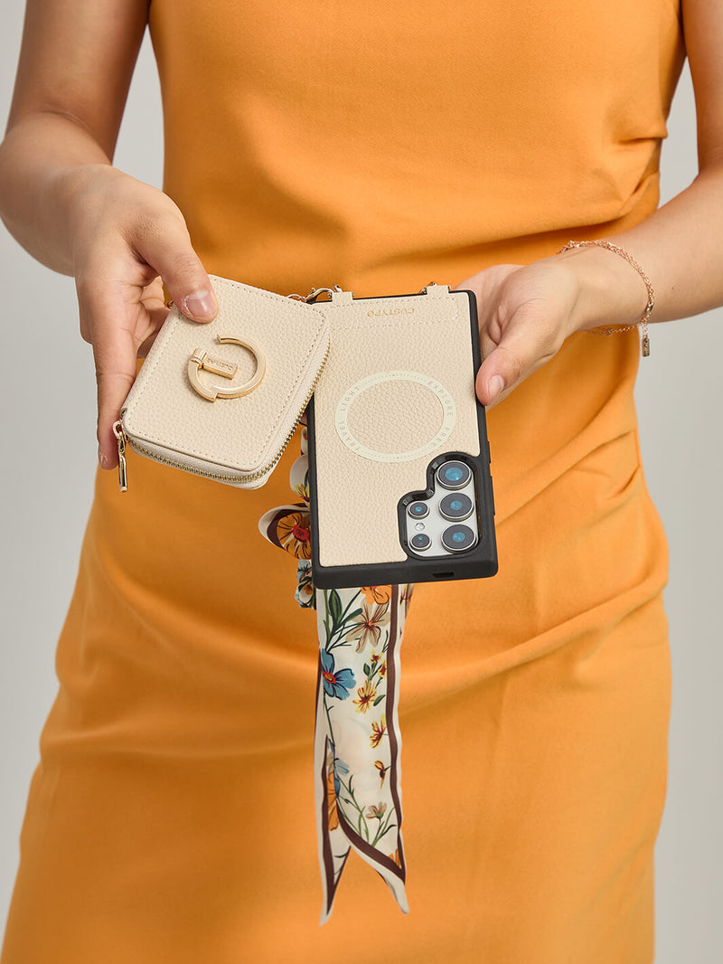 Silk Flair Set- Samsung Lychee Detachable Wristlet Wallet Phone Case with E-Stand-Mobile Phone Cases-WRISTBAND & PHONE POUCH-Peach Pink-Samsung S25 Ultra-Custype