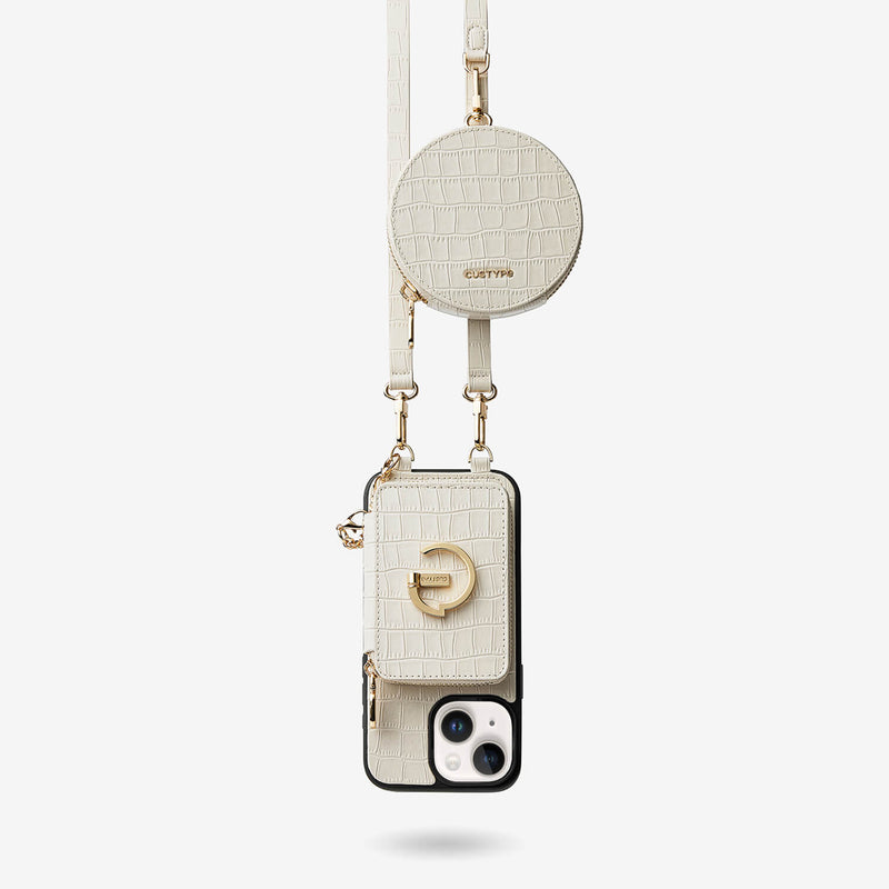 Crocodile Design Set- Detachable Wireless Charging Crossbody E-Stand Wallet Phone Case Round Pouch Set-Mobile Phone Cases-DETACHABLE WALLET & ROUND POUCH-White-iPhone 15 Plus-Custype