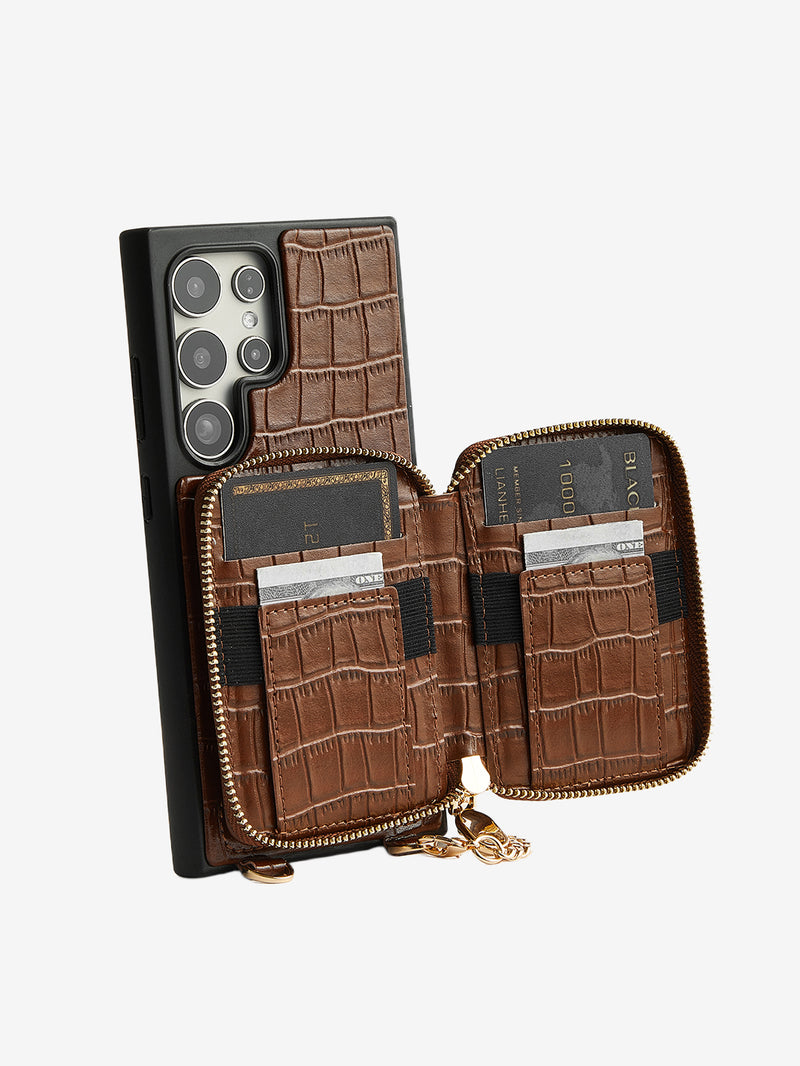 Crocodile Design Set- Samsung Galaxy Magnetic Grip Wallet Phone Case with Carrying Strap-Mobile Phone Cases-DETACHABLE WALLET & WIRELESS CHARGING-Black-Samsung S25 Ultra-Custype