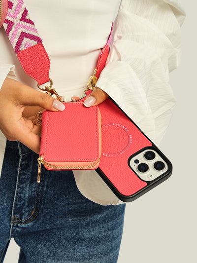 Unique Design Set- Wireless Charging Webbing Crossbody Phone Case Round Pouch Set-Mobile Phone Cases-DETACHABLE WALLET & ROUND POUCH-Peach Pink-iPhone 16 Pro Max-Custype