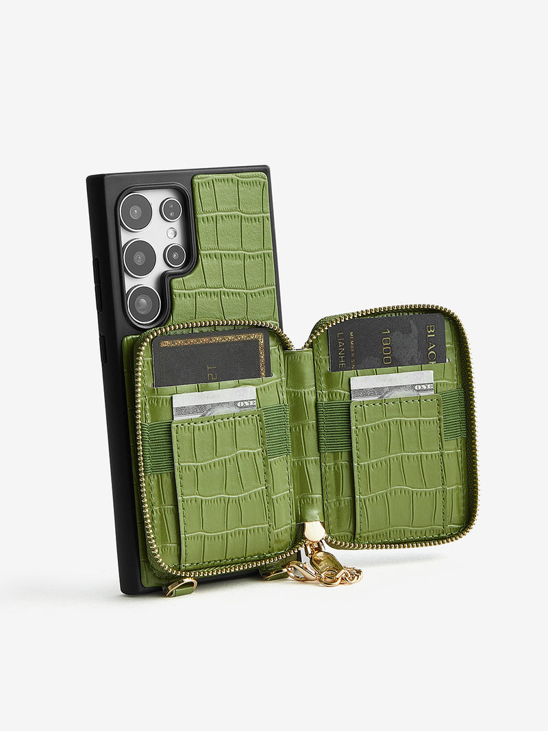 Crocodile Design Set- Samsung Galaxy Magnetic Grip Wallet Phone Case with Carrying Strap-Mobile Phone Cases-DETACHABLE WALLET & WIRELESS CHARGING-Black-Samsung S25 Ultra-Custype