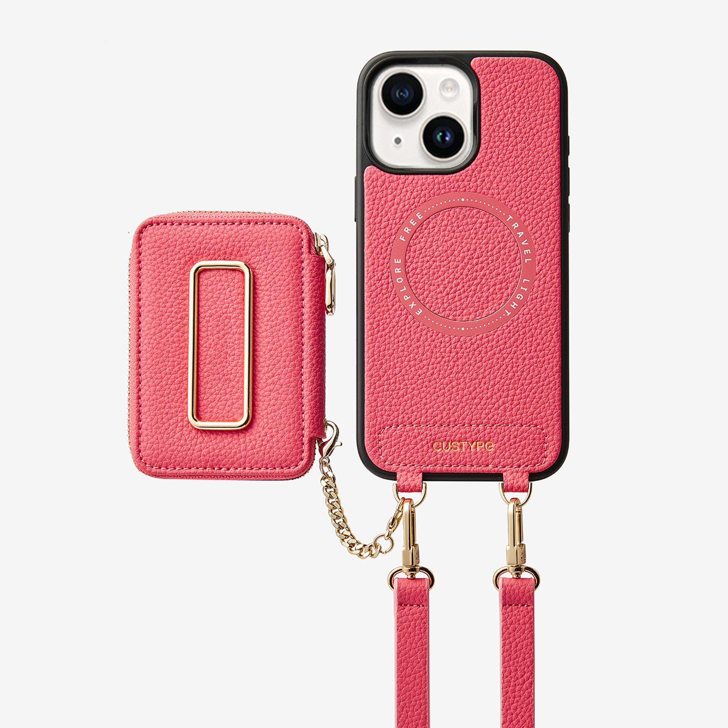 leather phone case with strap magsafe back cover pink