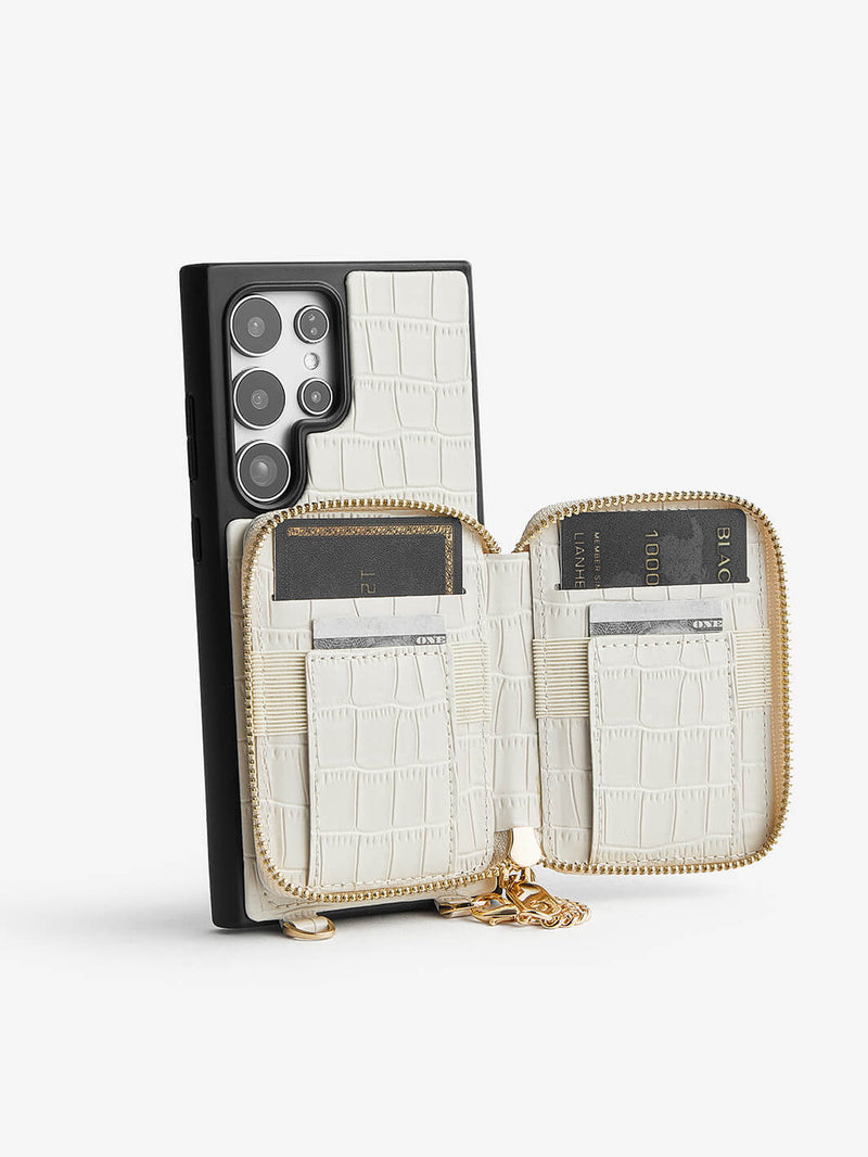 Crocodile Design Set- Samsung Galaxy Magnetic Grip Wallet Phone Case with Carrying Strap-Mobile Phone Cases-DETACHABLE WALLET & WIRELESS CHARGING-Black-Samsung S25 Ultra-Custype