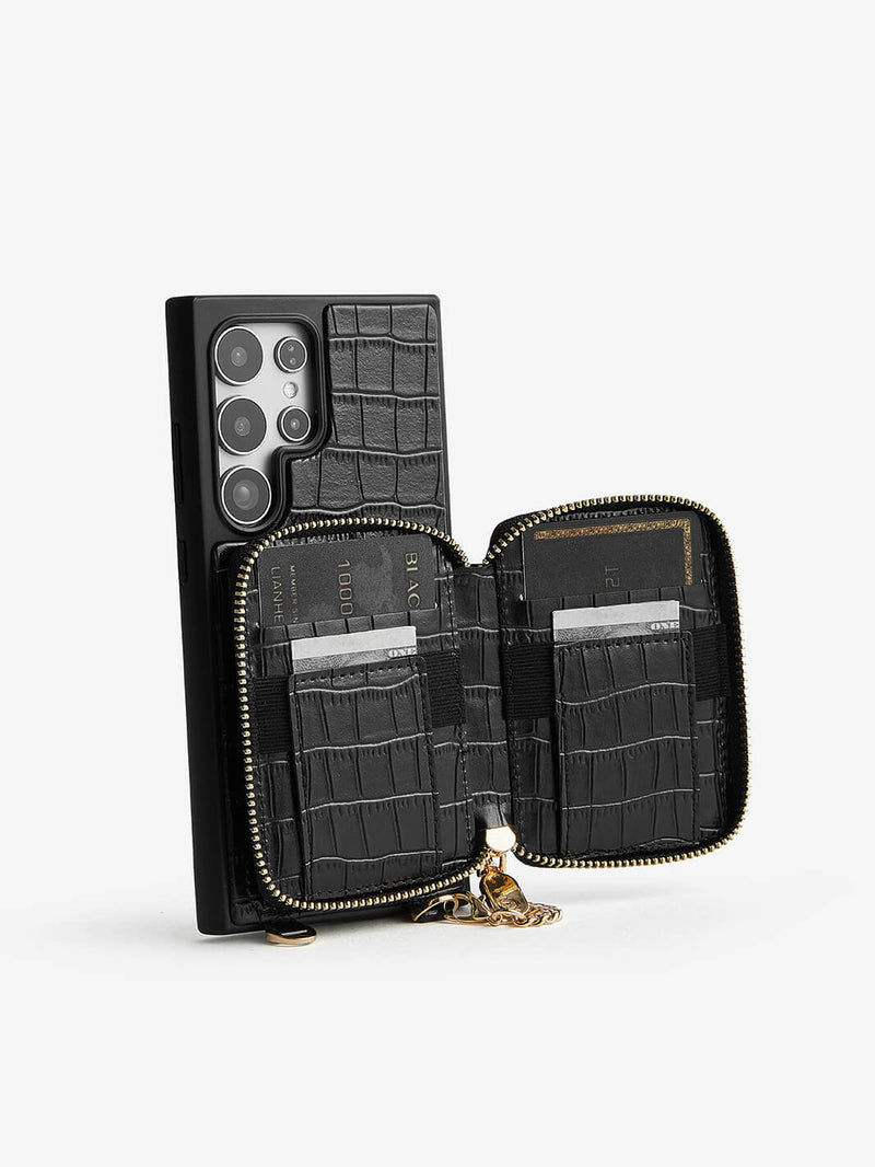 Crocodile Design Set- Samsung Galaxy Magnetic Grip Wallet Phone Case with Carrying Strap-Mobile Phone Cases-DETACHABLE WALLET & WIRELESS CHARGING-Black-Samsung S25 Ultra-Custype