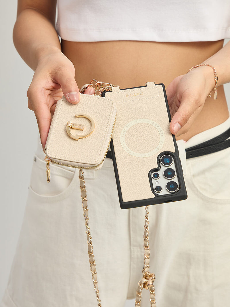 Allure Chain Series- Samsung Strap Wireless Charging Phone Case with Detachable Purse & Grip-Mobile Phone Cases-DETACHABLE WALLET & WIRELESS CHARGING-Beige-Samsung S25 Ultra-Custype