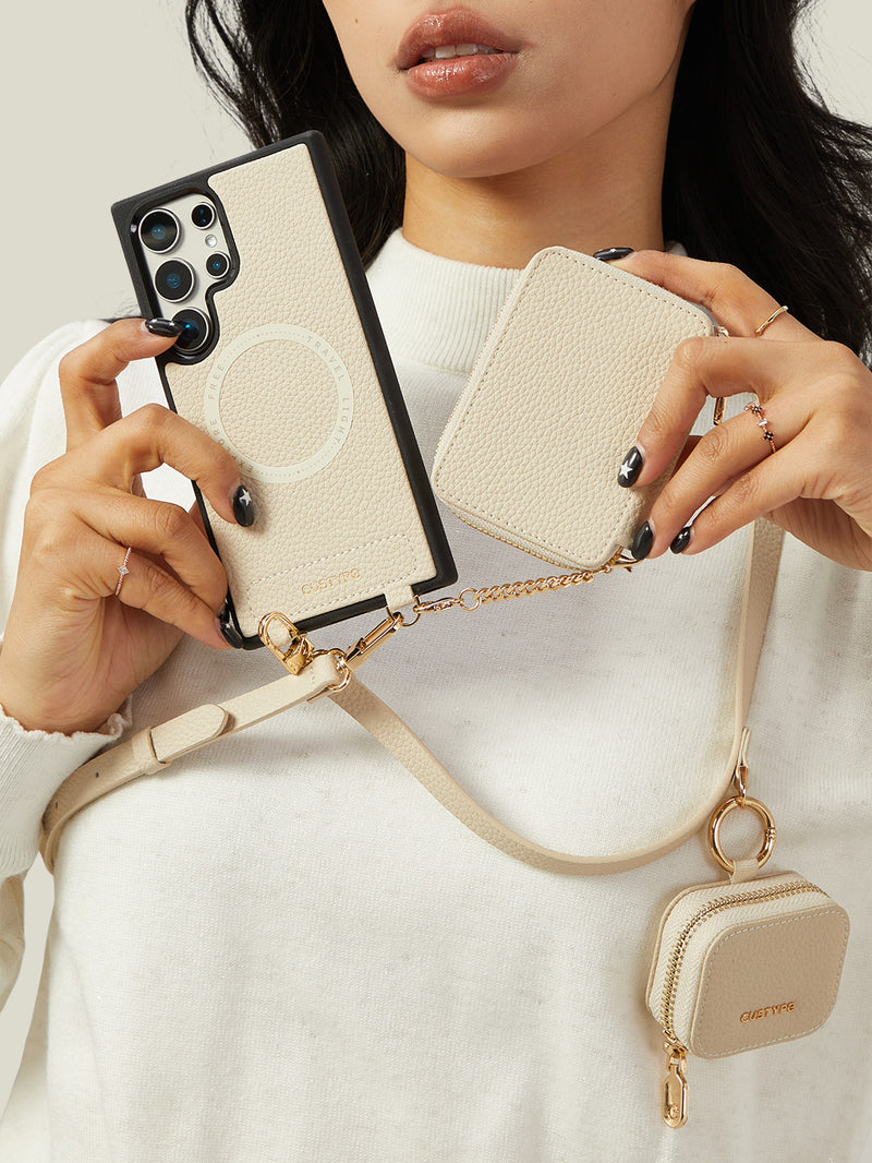 Unique Design Set- Samsung Galaxy Detachable Wireless Charging Phone Case AirPods Pouch Set-Mobile Phone Cases-DETACHABLE WALLET & PHONE POUCH-Beige-Samsung S25 Ultra-Custype