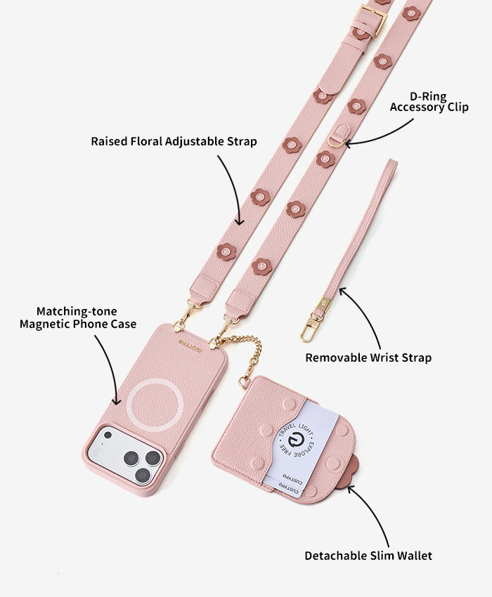 Slim Wallet Phone Case with Floral Raised Strap Features