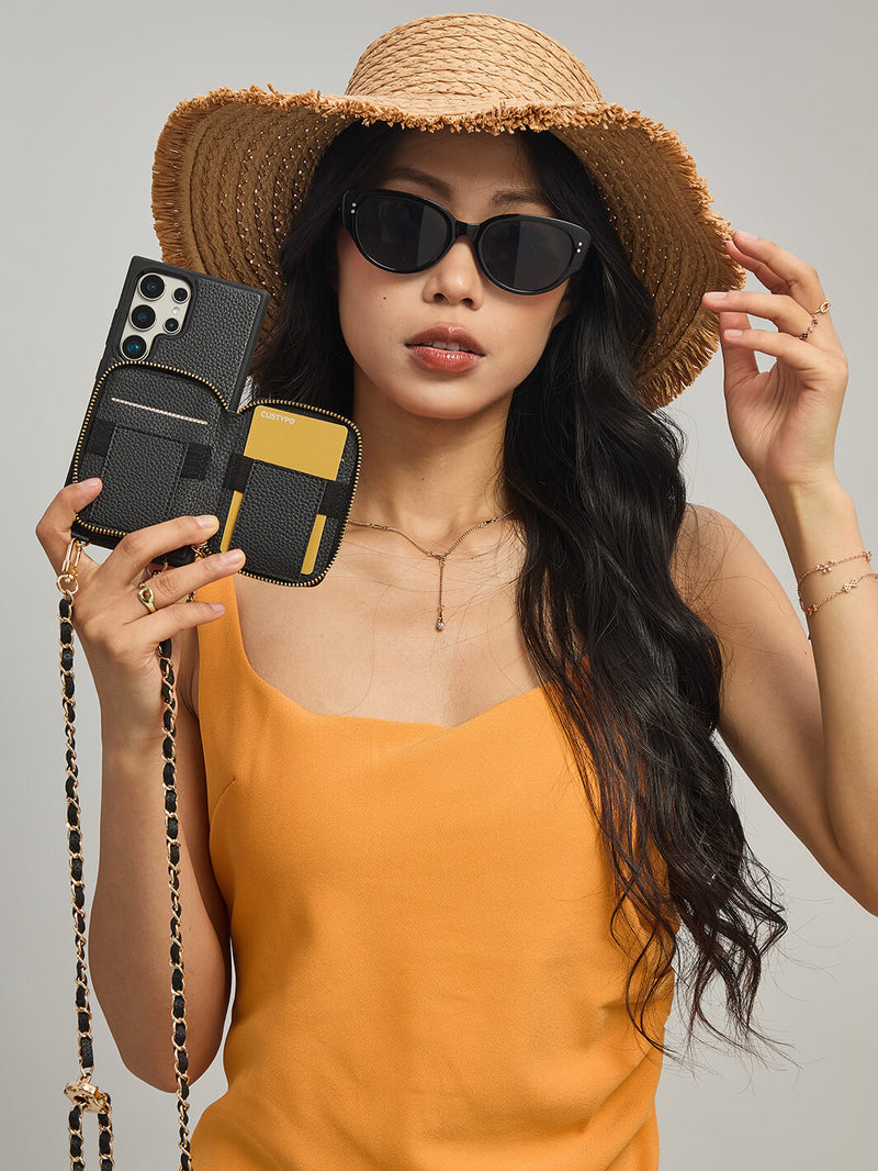 Allure Chain Series- Samsung Strap Wireless Charging Phone Case with Detachable Purse & Grip-Mobile Phone Cases-DETACHABLE WALLET & WIRELESS CHARGING-Beige-Samsung S25 Ultra-Custype