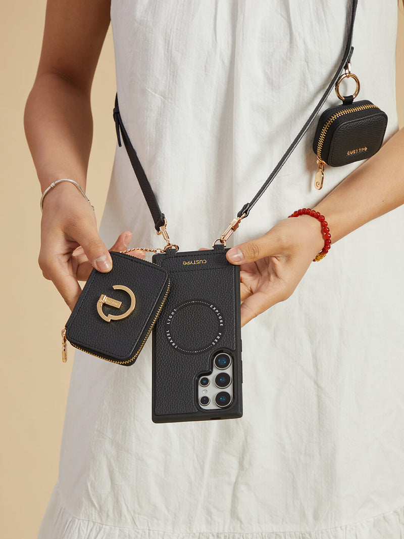 Original Design Set- Samsung Galaxy Wireless Charging Phone Case With AirPods Holder Set-Mobile Phone Cases-DETACHABLE WALLET & ROUND POUCH-Blue-Samsung S25 Ultra-Custype