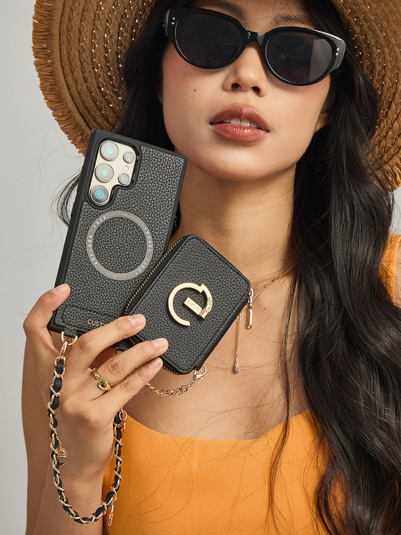 Allure Chain Series- Samsung Wristlet Magnetic Wallet Phone Case with Stand-Mobile Phone Cases-WRISTBAND & PHONE POUCH-Black-Samsung S25 Ultra-Custype