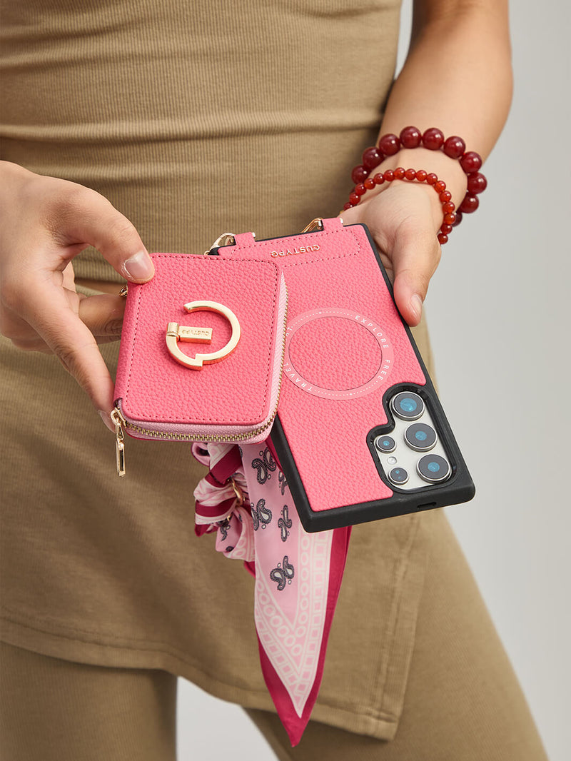 Silk Flair Set- Samsung Lychee Detachable Wristlet Wallet Phone Case with E-Stand-Mobile Phone Cases-WRISTBAND & PHONE POUCH-Peach Pink-Samsung S25 Ultra-Custype