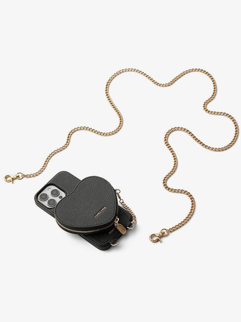 Heart Chain Kit- Wallet Phone Case with Chain Supporting Wireless Charging-Mobile Phone Cases-DETACHABLE WALLET & WIRELESS CHARGING-Black-iPhone 16 Pro Max-Custype