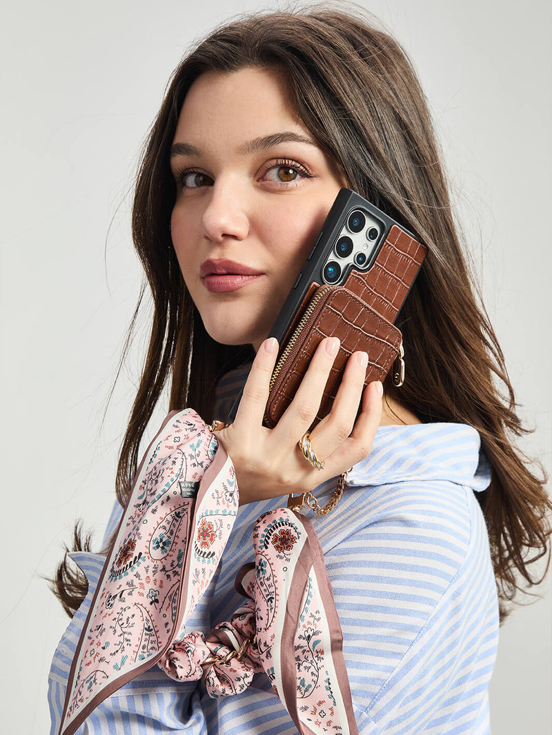 Silk Flair Set- Samsung Crocodile Removeable Wallet Phone Case with Wrist Strap-Mobile Phone Cases-WRISTBAND & PHONE POUCH-Brown-Samsung S25 Ultra-Custype