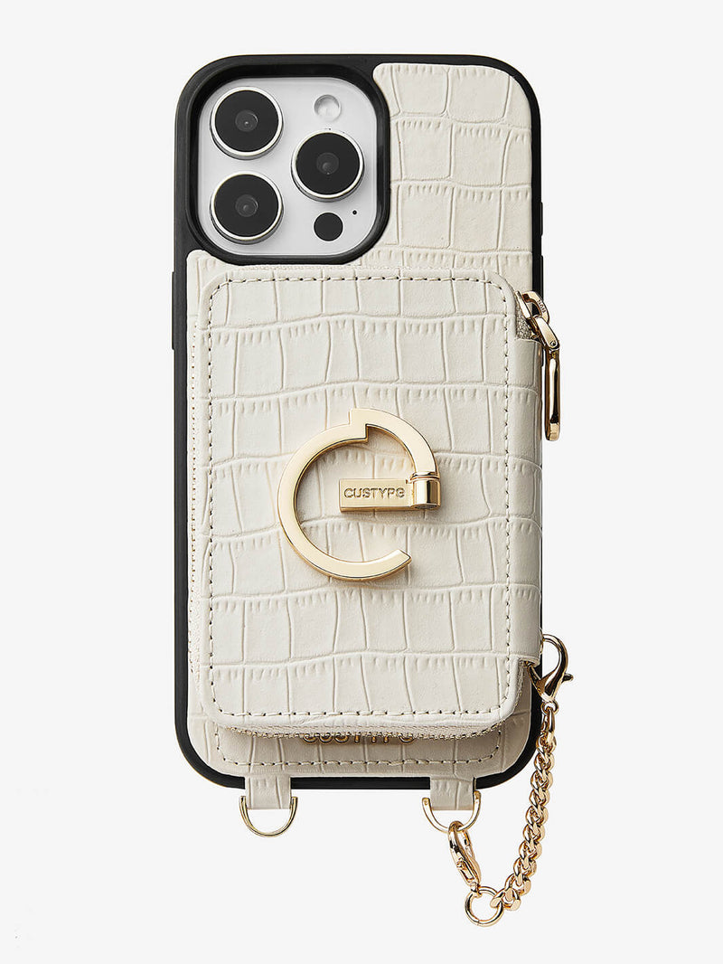 Crocodile Design Set- Detachable Wireless Charging Crossbody E-stand Wallet Phone Case Set-Mobile Phone Cases-DETACHABLE WALLET & WIRELESS CHARGING-White-iPhone 16 Pro Max-Custype