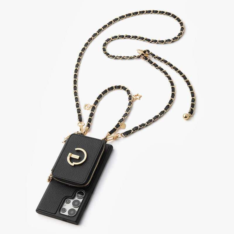 Allure Chain Series- Samsung Strap Wireless Charging Phone Case with Detachable Purse & Grip-Mobile Phone Cases-DETACHABLE WALLET & WIRELESS CHARGING-Black-Samsung S25 Ultra-Custype