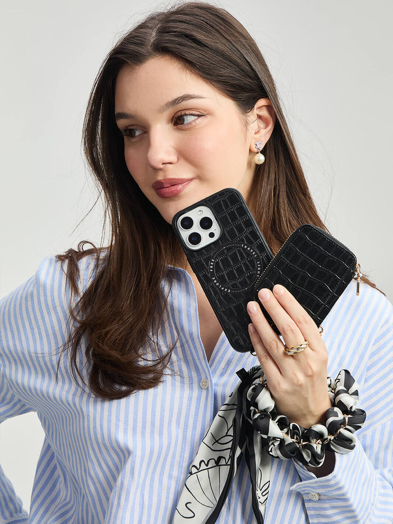 Silk Flair Set- Crocodile Wrist Lanyard Wallet Phone Case Compatible MagSafe-Mobile Phone Cases-WRISTBAND & PHONE POUCH-White-iPhone 16 Pro Max-Custype