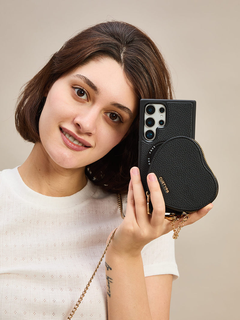 Heart Chain Kit- Samsung Galaxy Crossbody Case with removable Card Organizer-Mobile Phone Cases-DETACHABLE WALLET & WIRELESS CHARGING-Black-Samsung S25 Ultra-Custype