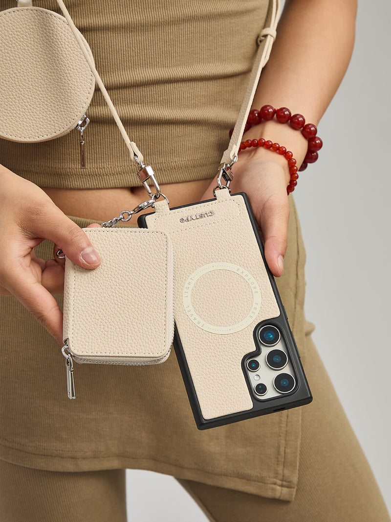 Lunar Silver Series- Samsung Galaxy Crossbody Phone Case with Card Holder & Round Pouch-Mobile Phone Cases-DETACHABLE WALLET & ROUND POUCH-Beige-Samsung S25 Ultra-Custype