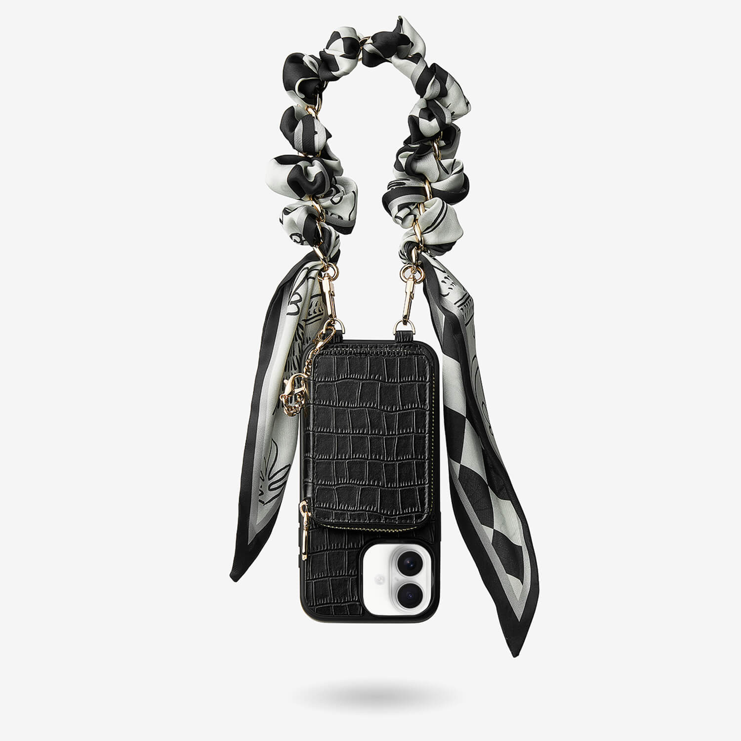Silk Flair Set- Crocodile Wrist Lanyard Wallet Phone Case Compatible MagSafe-Mobile Phone Cases-WRISTBAND & PHONE POUCH-Black-iPhone 16 Plus-Custype