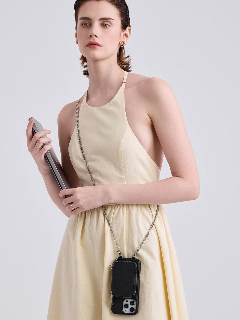 Silver Luster Kit- Protective MagSafe Phone Case with Attachable Wallet & Crossbody Chain-Mobile Phone Cases-DETACHABLE WALLET & PHONE POUCH-Black-iPhone 16 Pro Max-Custype