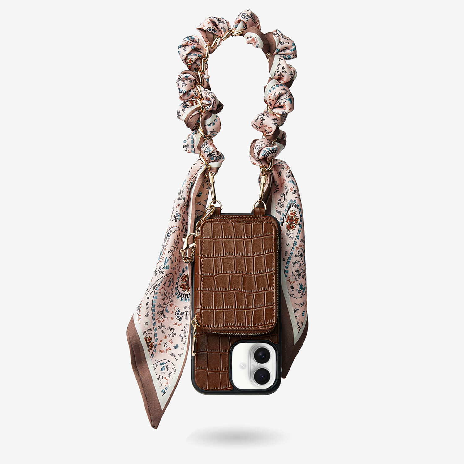 Silk Flair Set- Crocodile Wrist Lanyard Wallet Phone Case Compatible MagSafe-Mobile Phone Cases-WRISTBAND & PHONE POUCH-Brown-iPhone 16 Plus-Custype