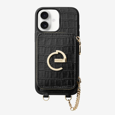 Crocodile Design Set- Detachable Wireless Charging E-stand Wallet Phone Case-Mobile Phone Cases-DETACHABLE WALLET & WIRELESS CHARGING-Black-iPhone 16 Plus-Custype