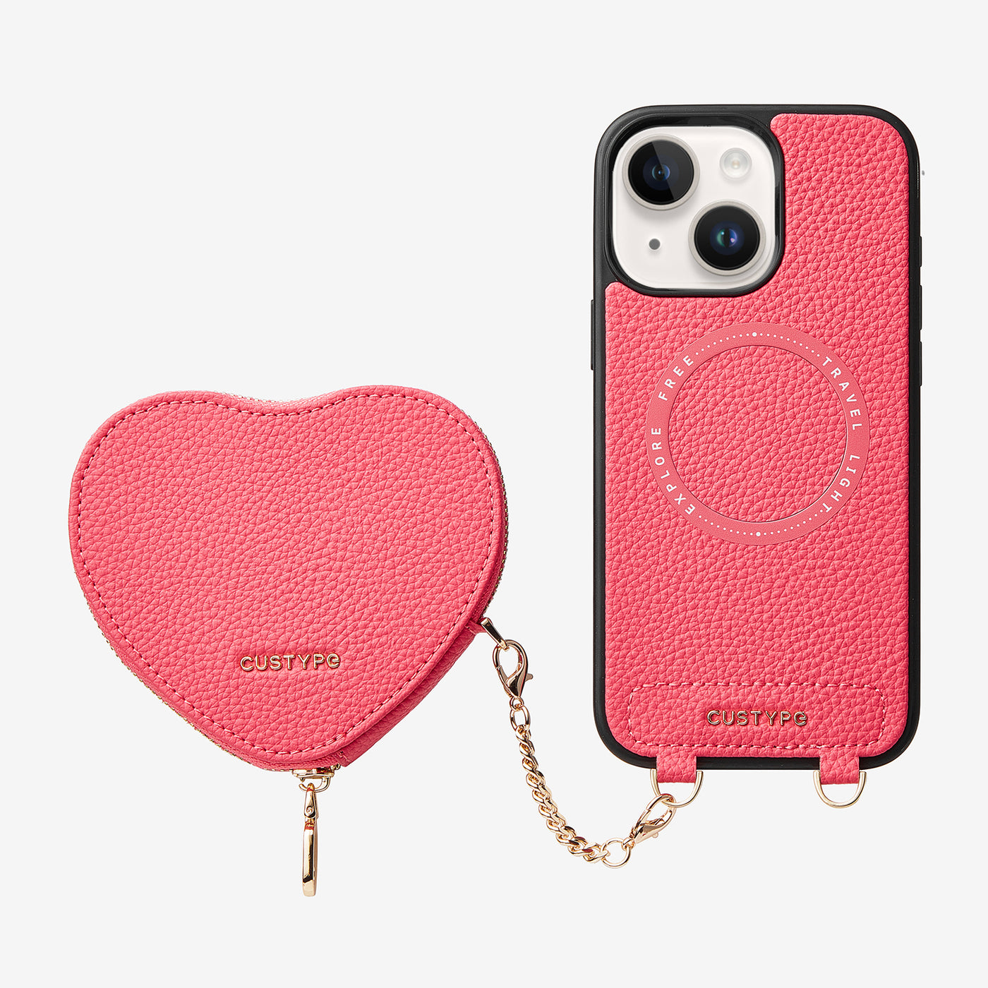 Heart Design Kit- Wireless Charging Phone Case With Detachable Pouch-Mobile Phone Cases-DETACHABLE WALLET & WIRELESS CHARGING-Peach Pink-iPhone 15 Plus-Custype