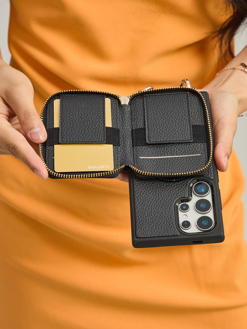 Allure Chain Series- Samsung Wristlet Magnetic Wallet Phone Case with Stand-Mobile Phone Cases-WRISTBAND & PHONE POUCH-Black-Samsung S25 Ultra-Custype