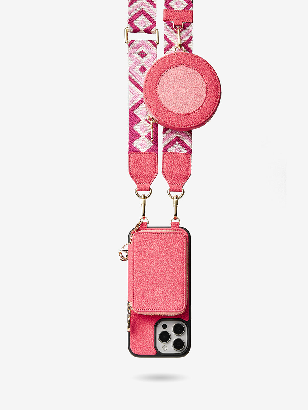 Unique Design Set- Wireless Charging Crossbody iPhone Case with Webbing Lanyard Strap and Round Pouch Set