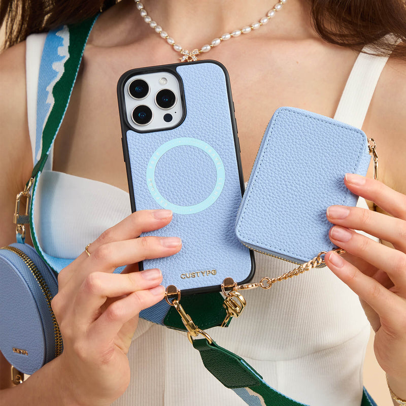 Unique Design Set- Bicolor Webbing Wireless Charging Crossbody Phone Case Round Pouch Set-Custype