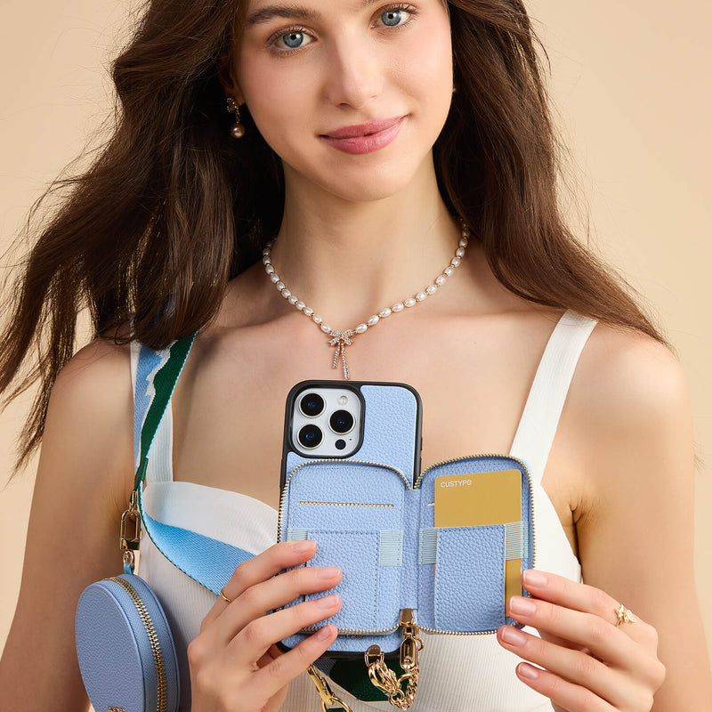 Unique Design Set- Bicolor Webbing Wireless Charging Crossbody Phone Case Round Pouch Set-Custype