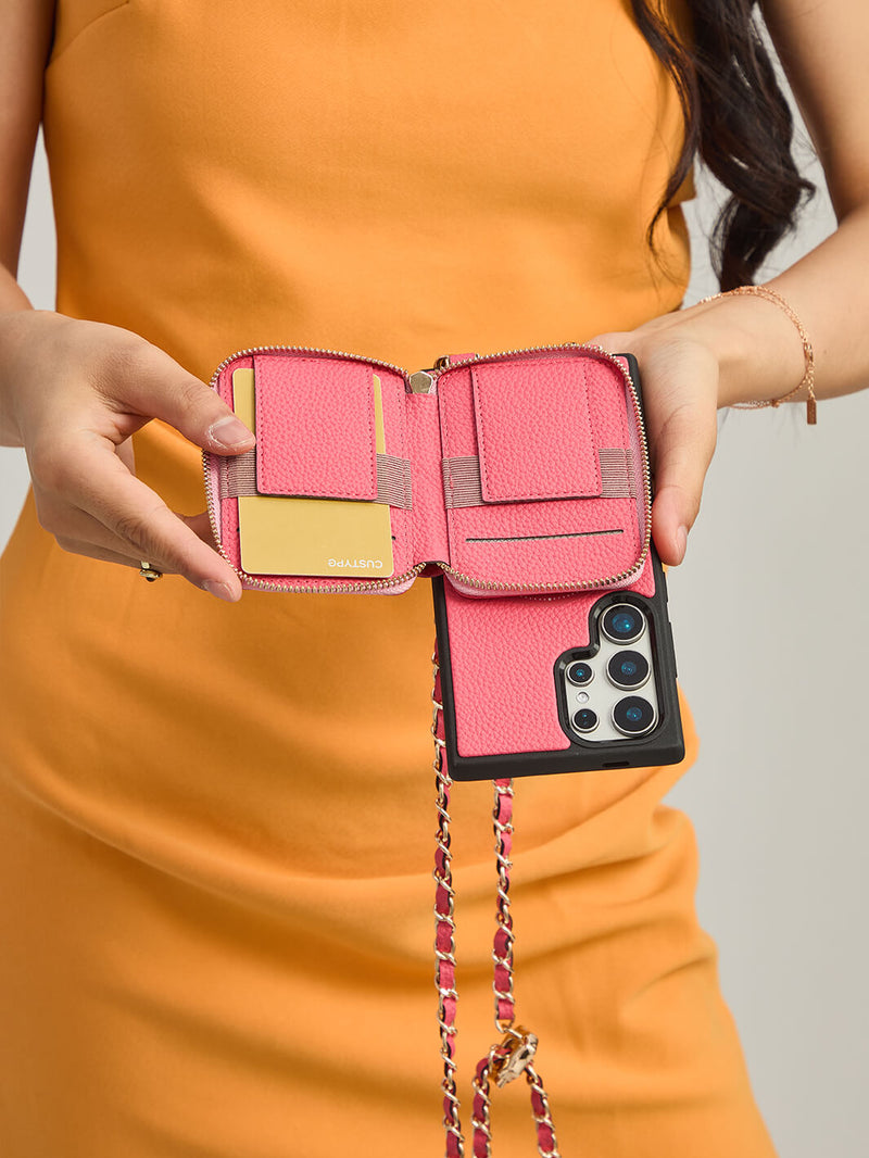 Allure Chain Series- Samsung Strap Wireless Charging Phone Case with Detachable Purse & Grip-Mobile Phone Cases-DETACHABLE WALLET & WIRELESS CHARGING-Beige-Samsung S25 Ultra-Custype